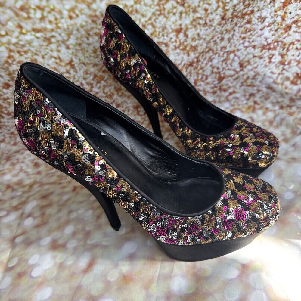 Nine West Heels Women's 7.5 Shoes Platform Black Pink Satin Sequins